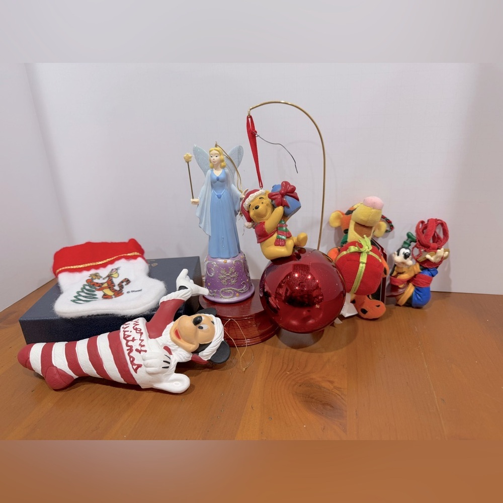 Vintage Disney ornaments Pooh tigger goofy and the Pinocchio fairy and Mickey